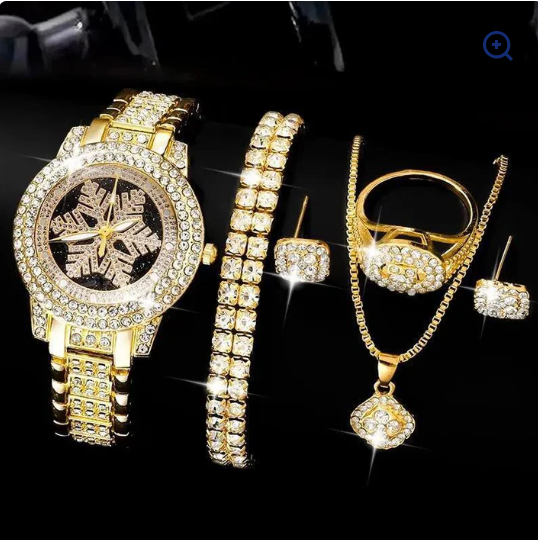 Snowflake Pattern Watch Luxury Full Rhinestone Jewelry Five-piece Set