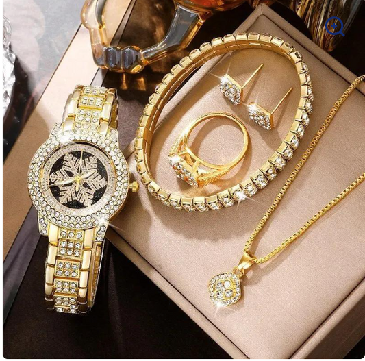 Snowflake Pattern Watch Luxury Full Rhinestone Jewelry Five-piece Set