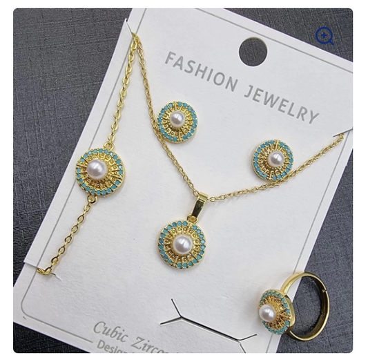 Turquoise & Pearl Round Jewelry Set